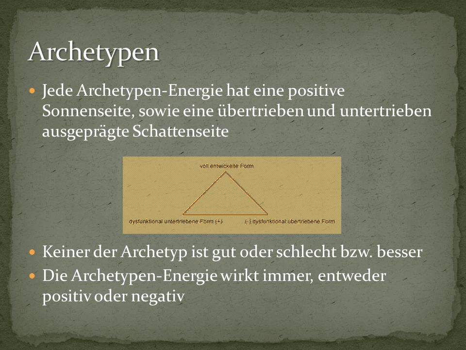 Archetypen Jede Archetypen-Energie hat eine positive Sonnenseite, sowie eine übertrieben und untertrieben ausgeprägte Schattenseite.