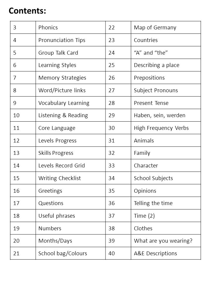 Contents: 3 Phonics 22 Map of Germany 4 Pronunciation Tips 23