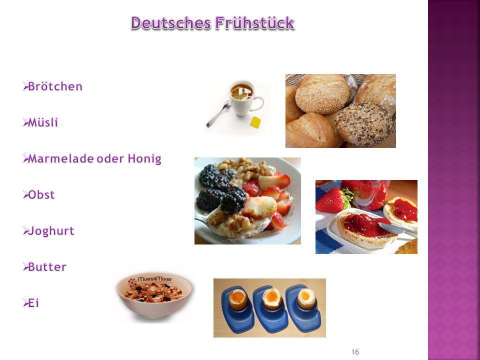 Deutsches Frühstück Brötchen Müsli Marmelade oder Honig Obst Joghurt