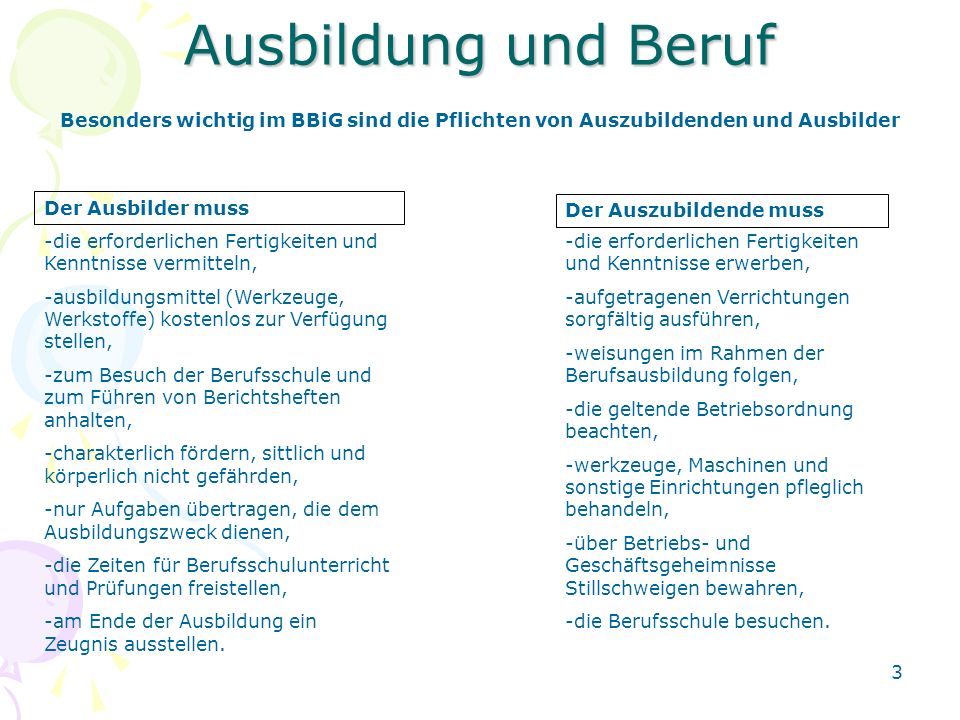 Ausbildung und Beruf Besonders wichtig im BBiG sind die Pflichten von Auszubildenden und Ausbilder.