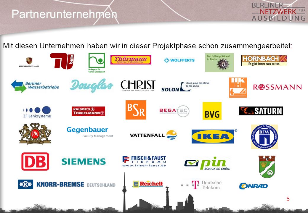 Partnerunternehmen Mit diesen Unternehmen haben wir in dieser Projektphase schon zusammengearbeitet: