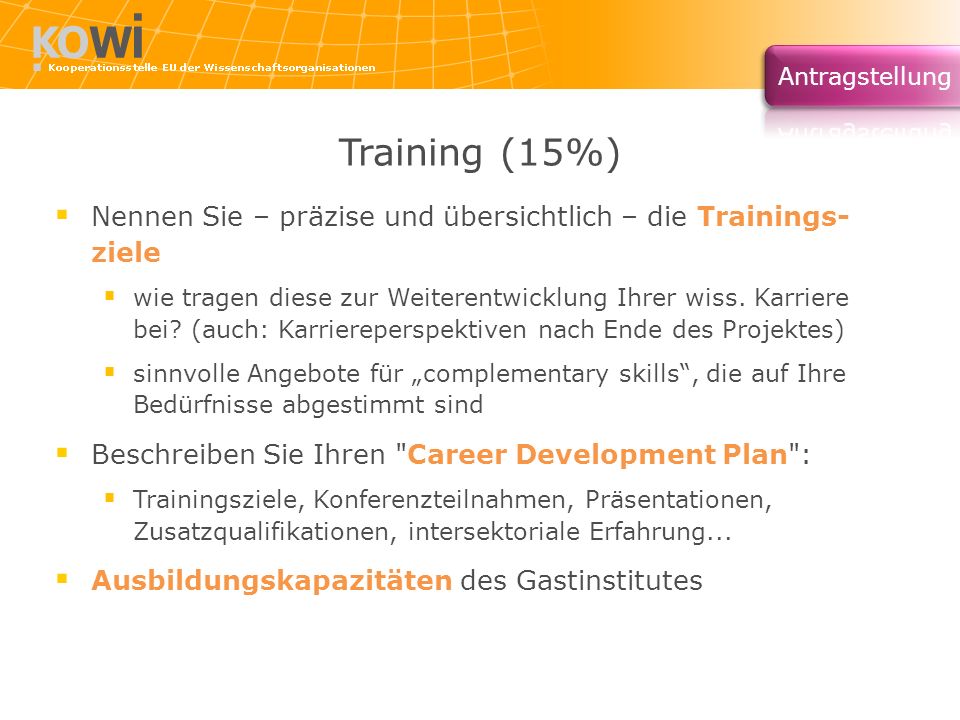 Training (15%) Nennen Sie – präzise und übersichtlich – die Trainings- ziele.
