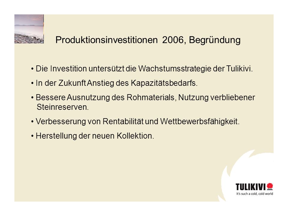 Produktionsinvestitionen 2006, Begründung