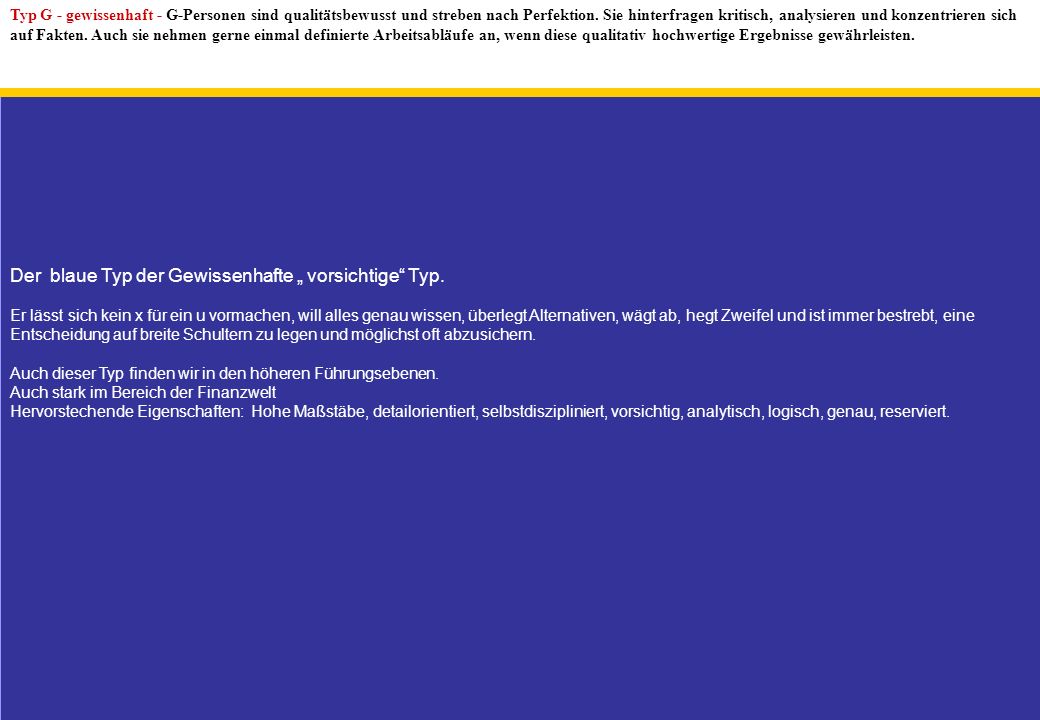 Der blaue Typ der Gewissenhafte „ vorsichtige Typ.