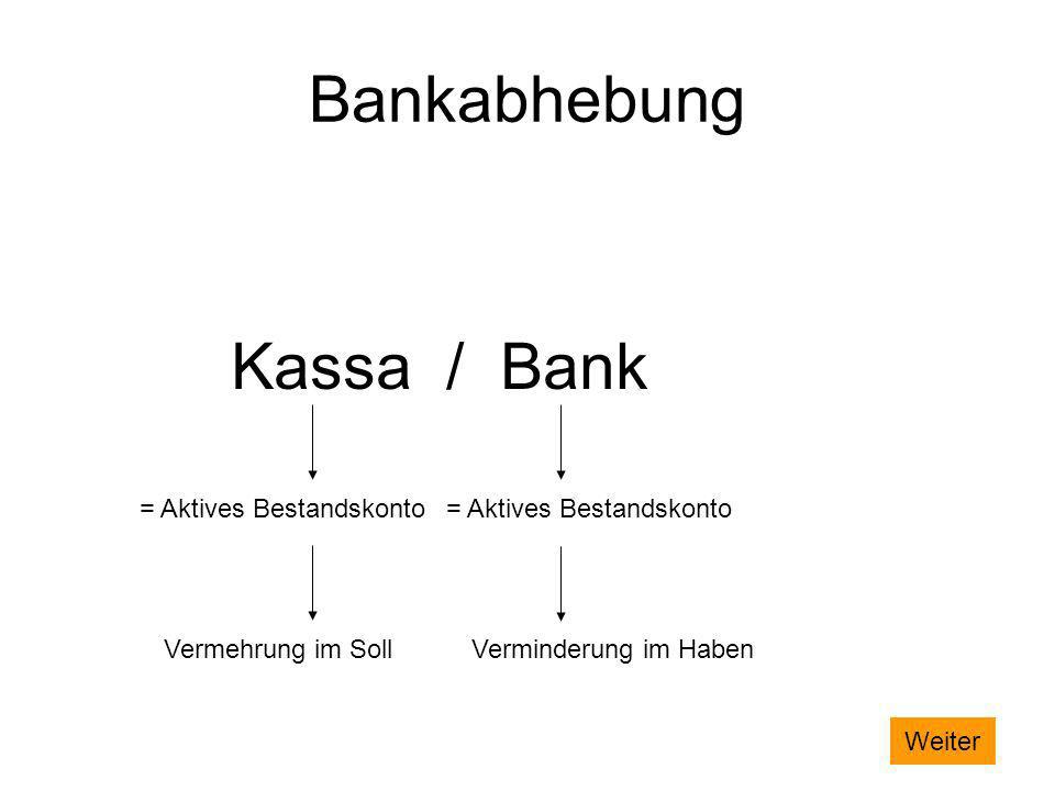 Bankabhebung Kassa / Bank = Aktives Bestandskonto