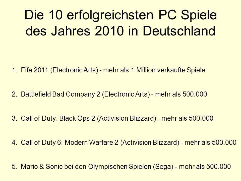 Die 10 erfolgreichsten PC Spiele des Jahres 2010 in Deutschland