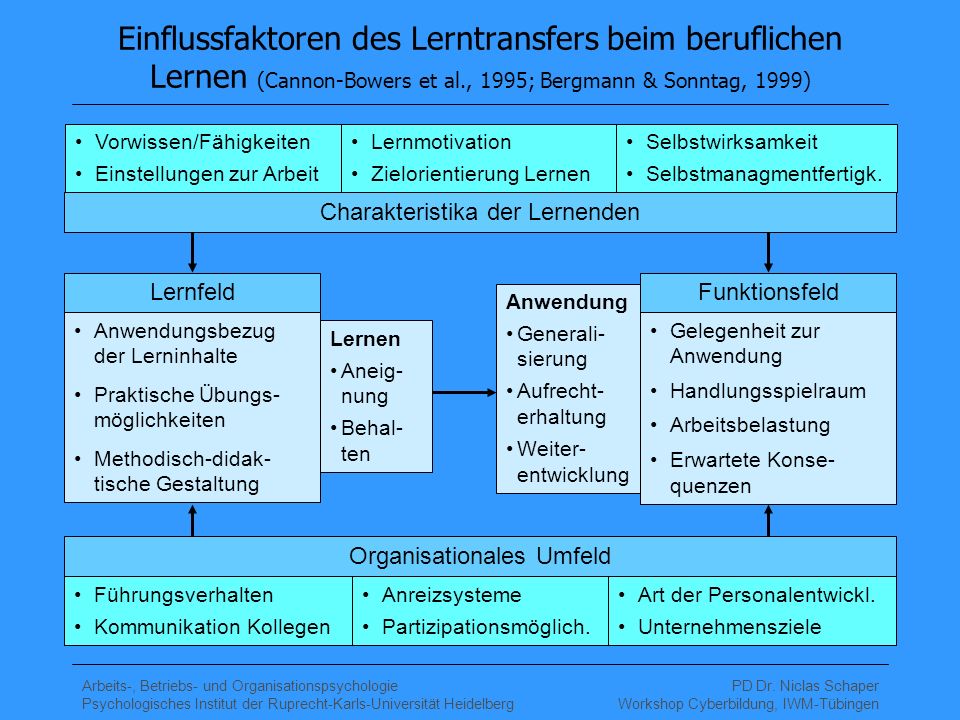 Einflussfaktoren des Lerntransfers beim beruflichen Lernen (Cannon-Bowers et al., 1995; Bergmann & Sonntag, 1999)