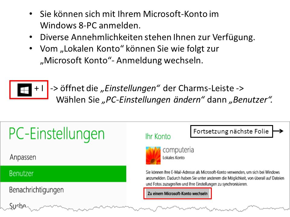 Sie können sich mit Ihrem Microsoft-Konto im Windows 8-PC anmelden.