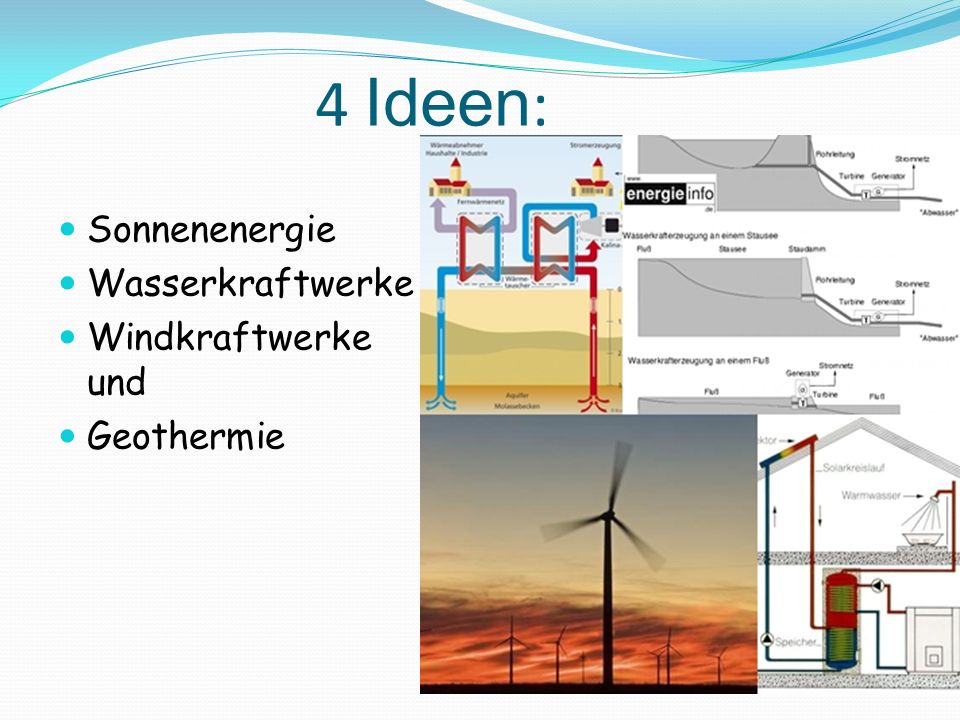 4 Ideen: Sonnenenergie Wasserkraftwerke Windkraftwerke und Geothermie