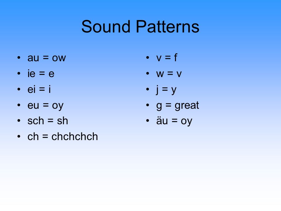 Sound Patterns au = ow ie = e ei = i eu = oy sch = sh ch = chchchch