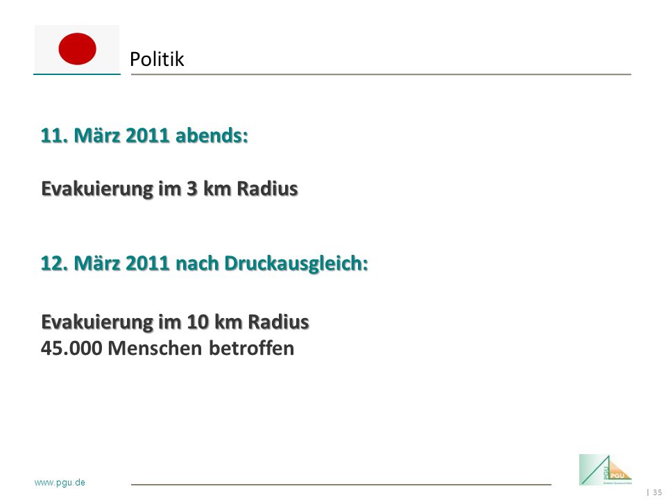 Politik 11. März 2011 abends: Evakuierung im 3 km Radius