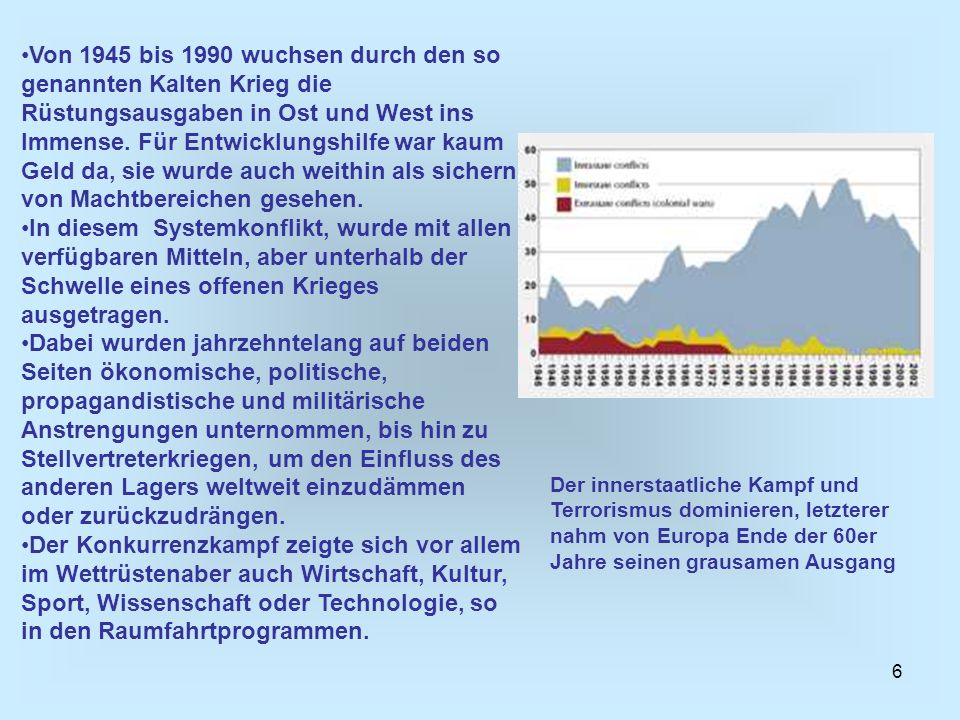 Von 1945 bis 1990 wuchsen durch den so genannten Kalten Krieg die Rüstungsausgaben in Ost und West ins Immense. Für Entwicklungshilfe war kaum Geld da, sie wurde auch weithin als sichern von Machtbereichen gesehen.