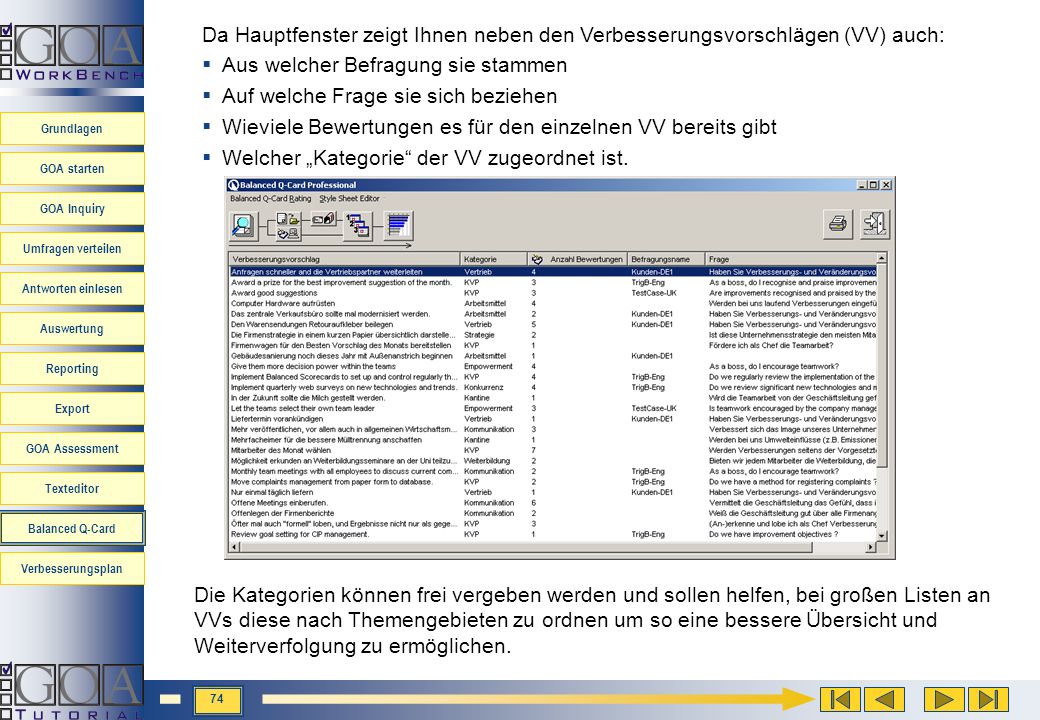 Da Hauptfenster zeigt Ihnen neben den Verbesserungsvorschlägen (VV) auch: