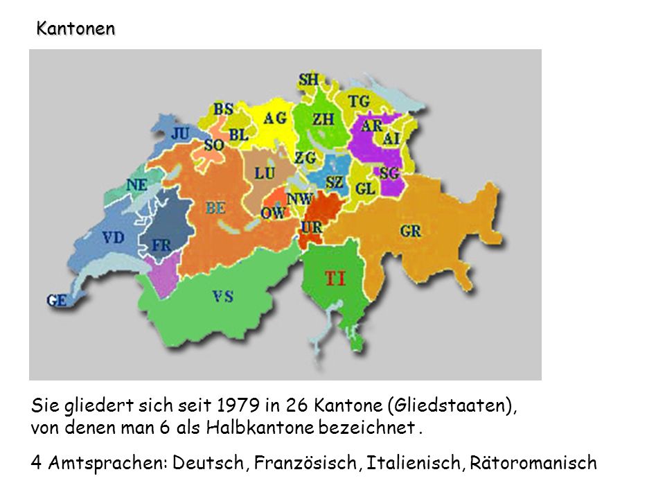 Kantonen Sie gliedert sich seit 1979 in 26 Kantone (Gliedstaaten), von denen man 6 als Halbkantone bezeichnet .