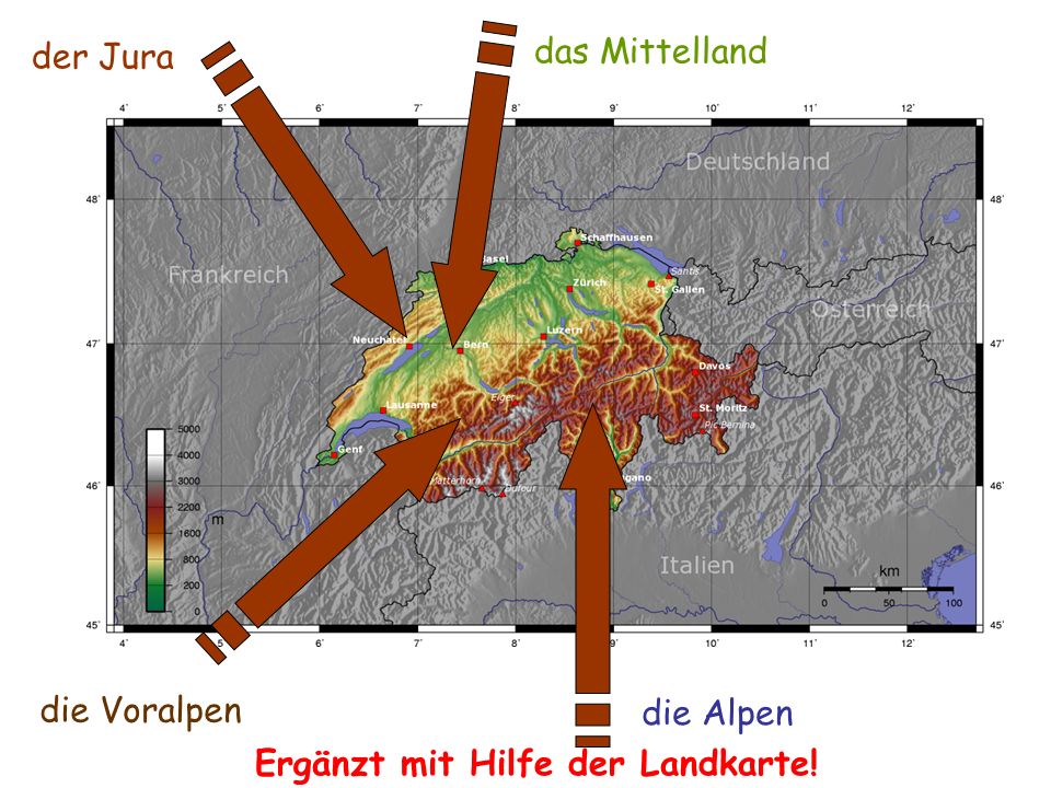 der Jura das Mittelland die Voralpen die Alpen Ergänzt mit Hilfe der Landkarte!