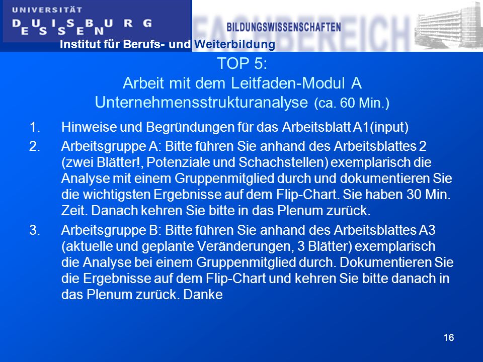 TOP 5: Arbeit mit dem Leitfaden-Modul A Unternehmensstrukturanalyse (ca. 60 Min.)