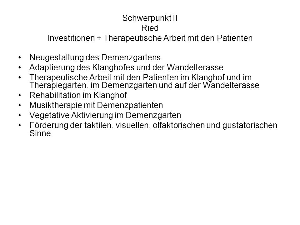 Schwerpunkt II Ried Investitionen + Therapeutische Arbeit mit den Patienten