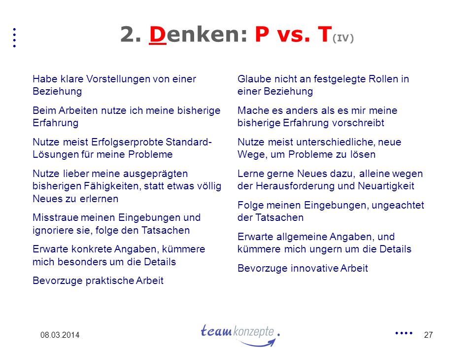 2. Denken: P vs. T(IV) Habe klare Vorstellungen von einer Beziehung