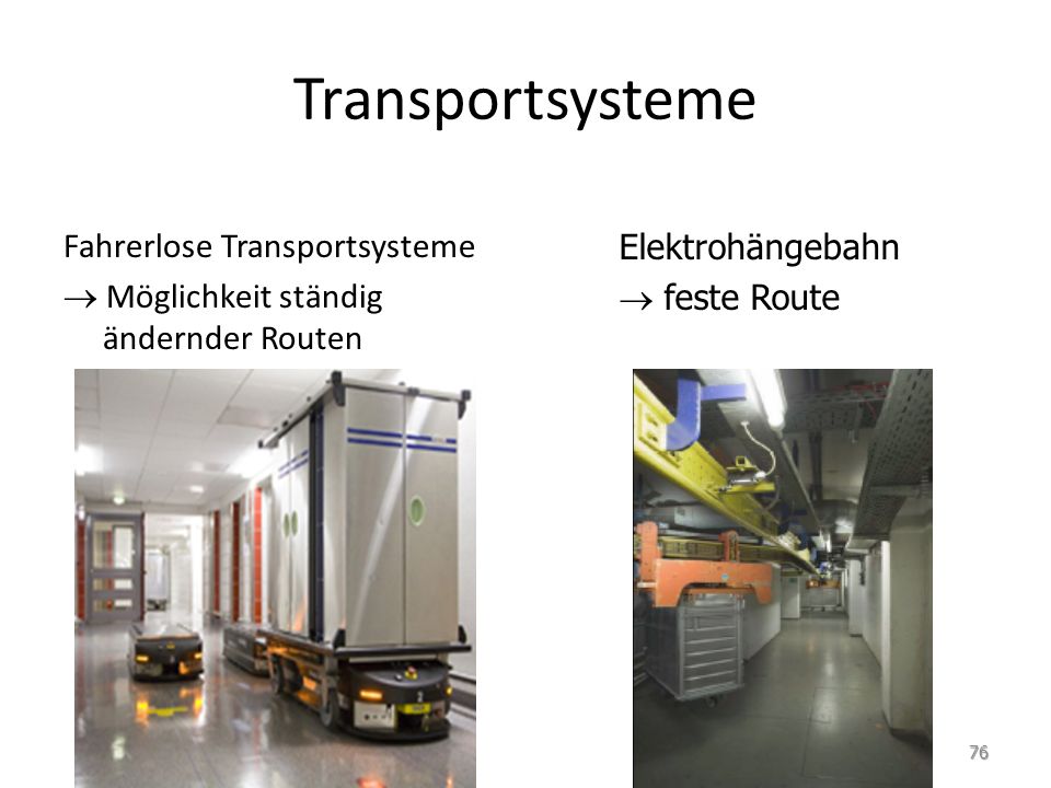 Transportsysteme Fahrerlose Transportsysteme  Möglichkeit ständig ändernder Routen Elektrohängebahn.