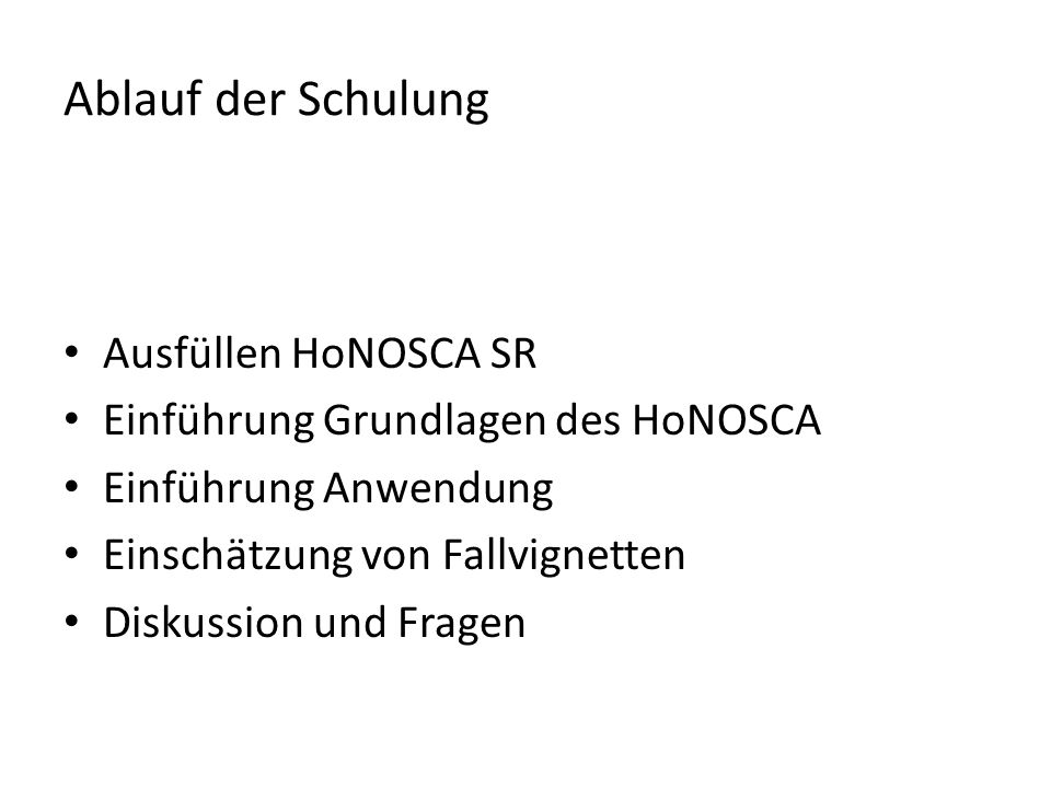 Ablauf der Schulung Ausfüllen HoNOSCA SR