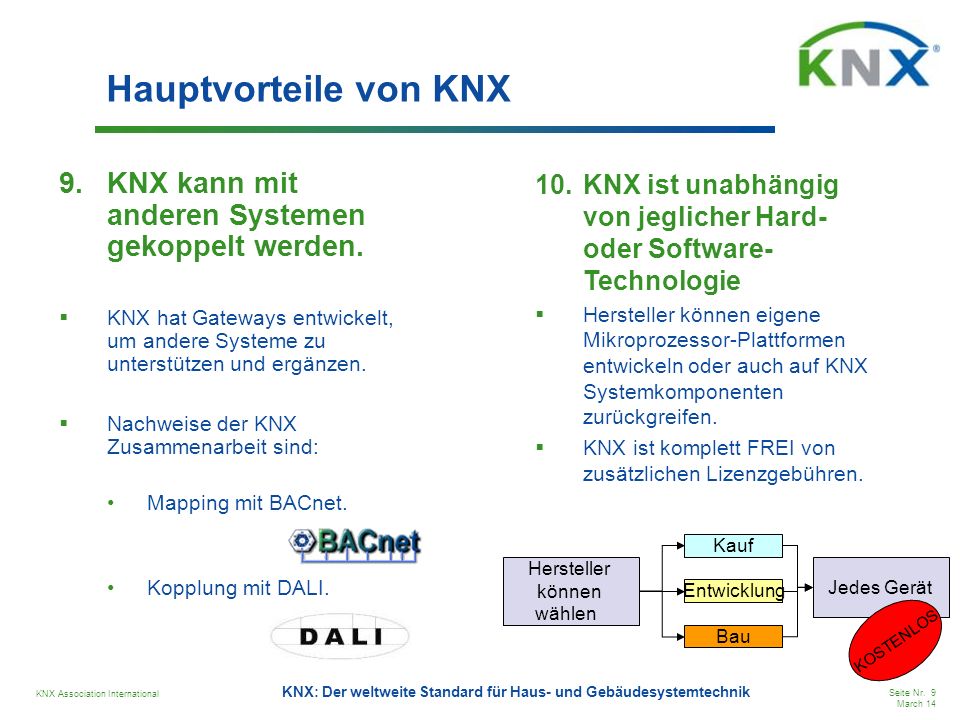Hauptvorteile von KNX KNX kann mit anderen Systemen gekoppelt werden.