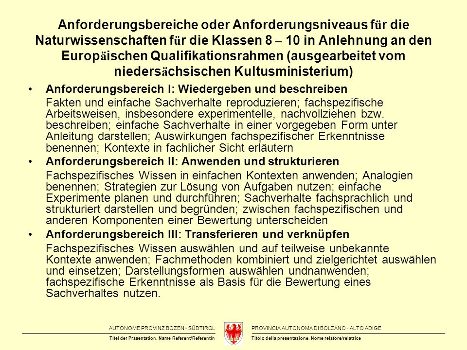 Anforderungsbereiche oder Anforderungsniveaus für die Naturwissenschaften für die Klassen 8 – 10 in Anlehnung an den Europäischen Qualifikationsrahmen (ausgearbeitet vom niedersächsischen Kultusministerium)