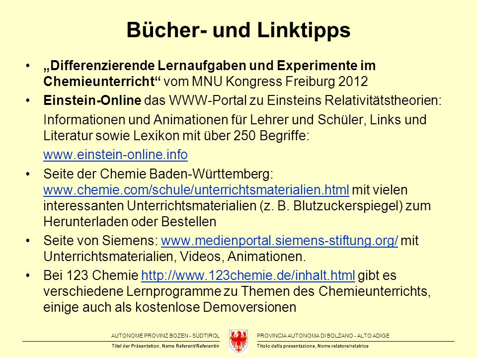 Bücher- und Linktipps „Differenzierende Lernaufgaben und Experimente im Chemieunterricht vom MNU Kongress Freiburg