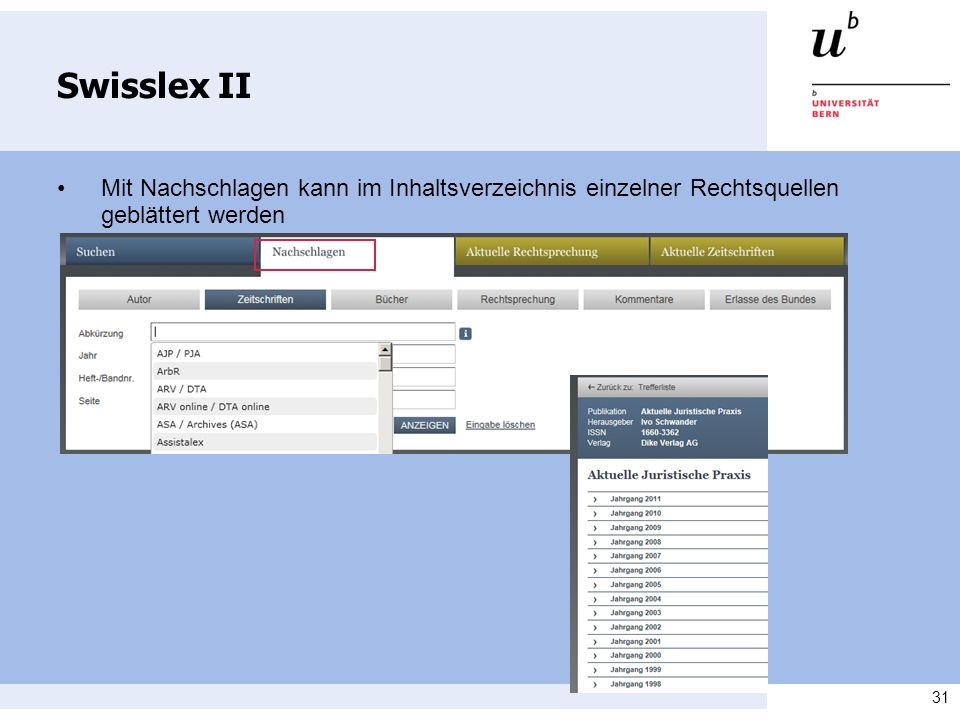 Swisslex II • Mit Nachschlagen kann im Inhaltsverzeichnis einzelner Rechtsquellen geblättert werden