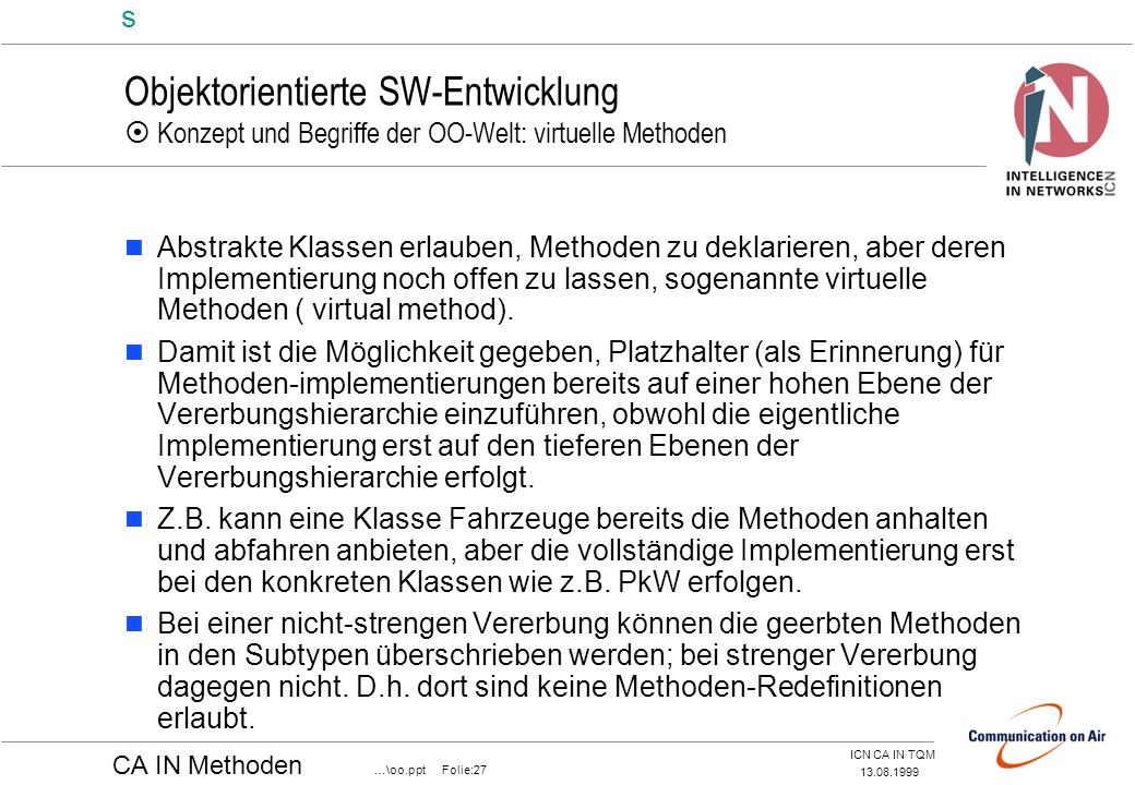 Objektorientierte SW-Entwicklung  Konzept und Begriffe der OO-Welt: virtuelle Methoden
