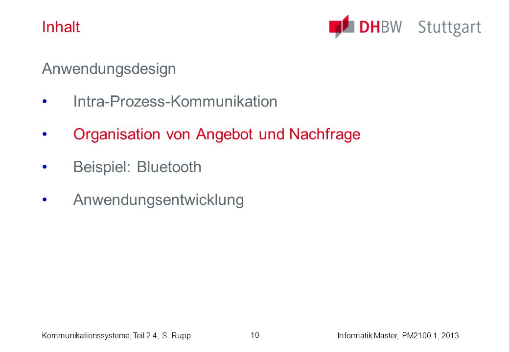 Inhalt Anwendungsdesign. Intra-Prozess-Kommunikation. Organisation von Angebot und Nachfrage. Beispiel: Bluetooth.