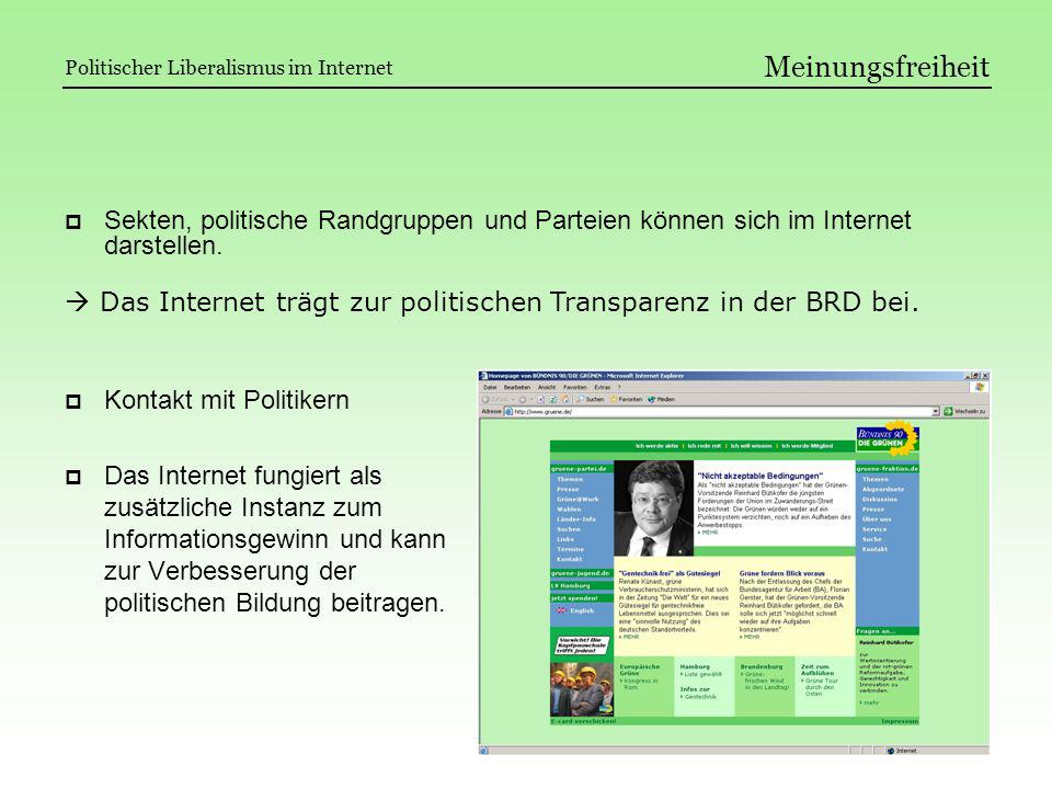Meinungsfreiheit Politischer Liberalismus im Internet. Sekten, politische Randgruppen und Parteien können sich im Internet darstellen.