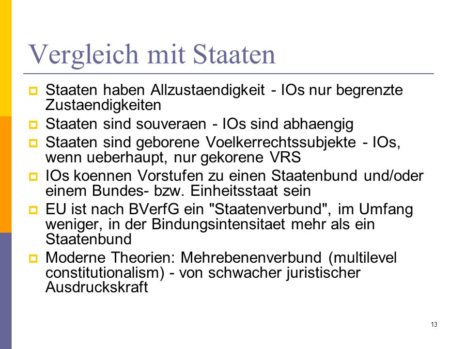 Vergleich mit Staaten Staaten haben Allzustaendigkeit - IOs nur begrenzte Zustaendigkeiten. Staaten sind souveraen - IOs sind abhaengig.
