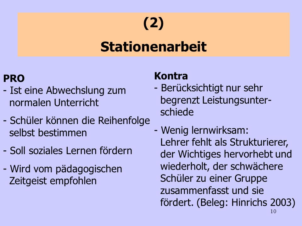 (2) Stationenarbeit. Kontra - Berücksichtigt nur sehr begrenzt Leistungsunter- schiede.