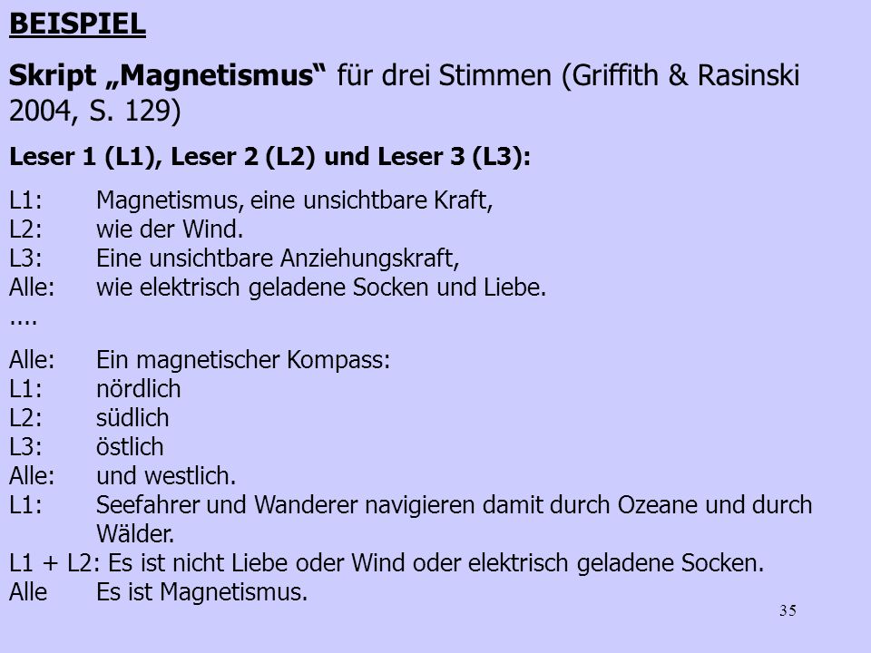 BEISPIEL Skript „Magnetismus für drei Stimmen (Griffith & Rasinski 2004, S. 129) Leser 1 (L1), Leser 2 (L2) und Leser 3 (L3):