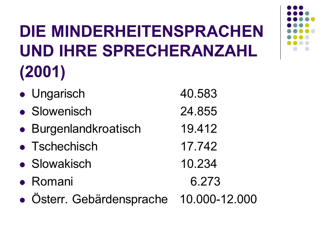 DIE MINDERHEITENSPRACHEN UND IHRE SPRECHERANZAHL (2001)