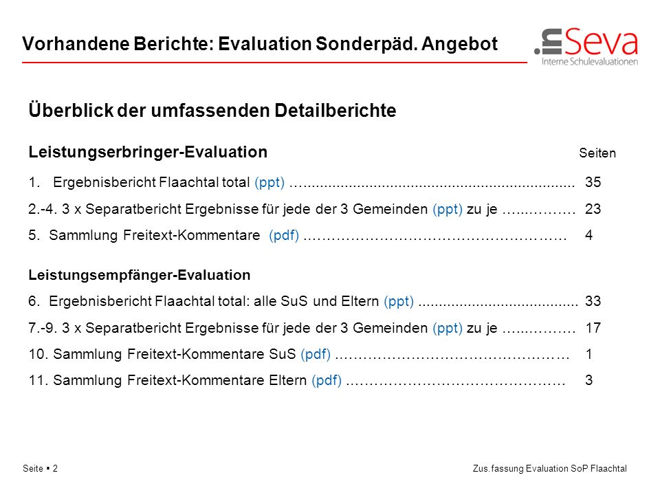 Vorhandene Berichte: Evaluation Sonderpäd. Angebot