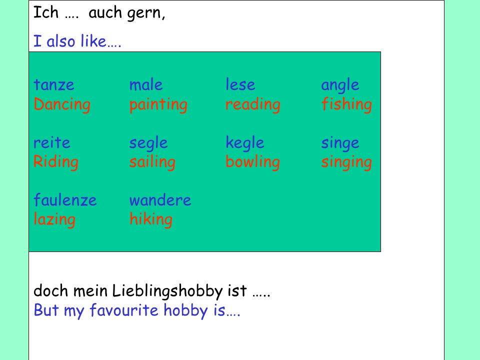 Ich …. auch gern, I also like…. doch mein Lieblingshobby ist ….. But my favourite hobby is…. tanze male lese angle.