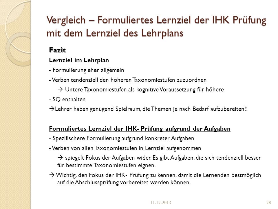Vergleich – Formuliertes Lernziel der IHK Prüfung mit dem Lernziel des Lehrplans