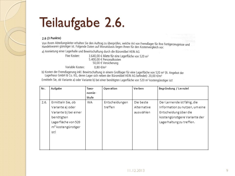 Teilaufgabe 2.6. Nr. Aufgabe. Taxo-nomie-Stufe. Operation. Verben. Begründung / Lernziel