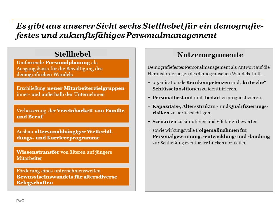 Es gibt aus unserer Sicht sechs Stellhebel für ein demografie-festes und zukunftsfähiges Personalmanagement