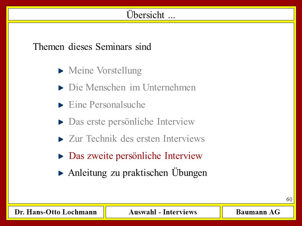 Übersicht ... Themen dieses Seminars sind. Meine Vorstellung. Die Menschen im Unternehmen. Eine Personalsuche.