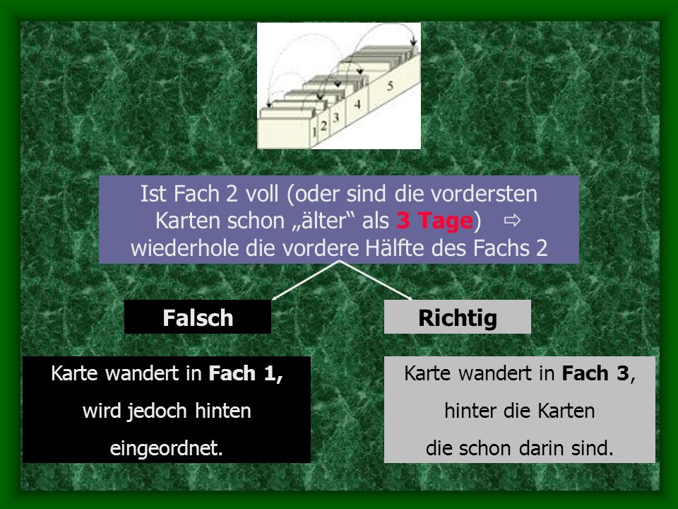 Ist Fach 2 voll (oder sind die vordersten Karten schon „älter als 3 Tage)  wiederhole die vordere Hälfte des Fachs 2