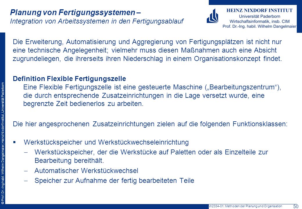 Planung von Fertigungssystemen – Integration von Arbeitssystemen in den Fertigungsablauf