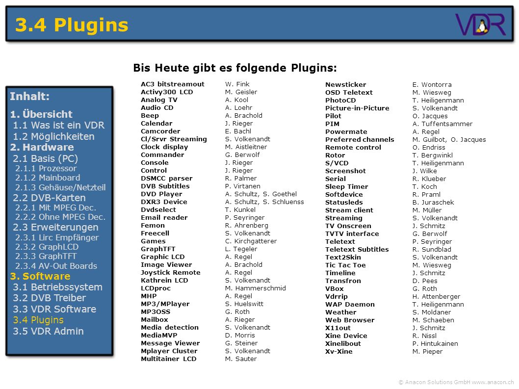 3.4 Plugins Bis Heute gibt es folgende Plugins: Inhalt: 1. Übersicht