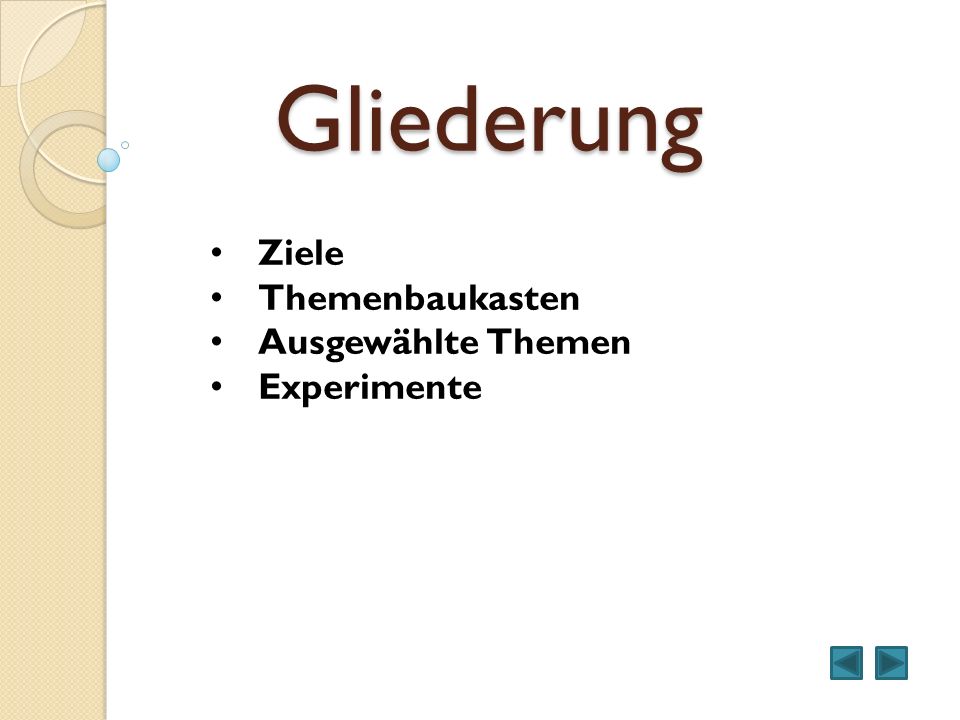 Gliederung Ziele Themenbaukasten Ausgewählte Themen Experimente
