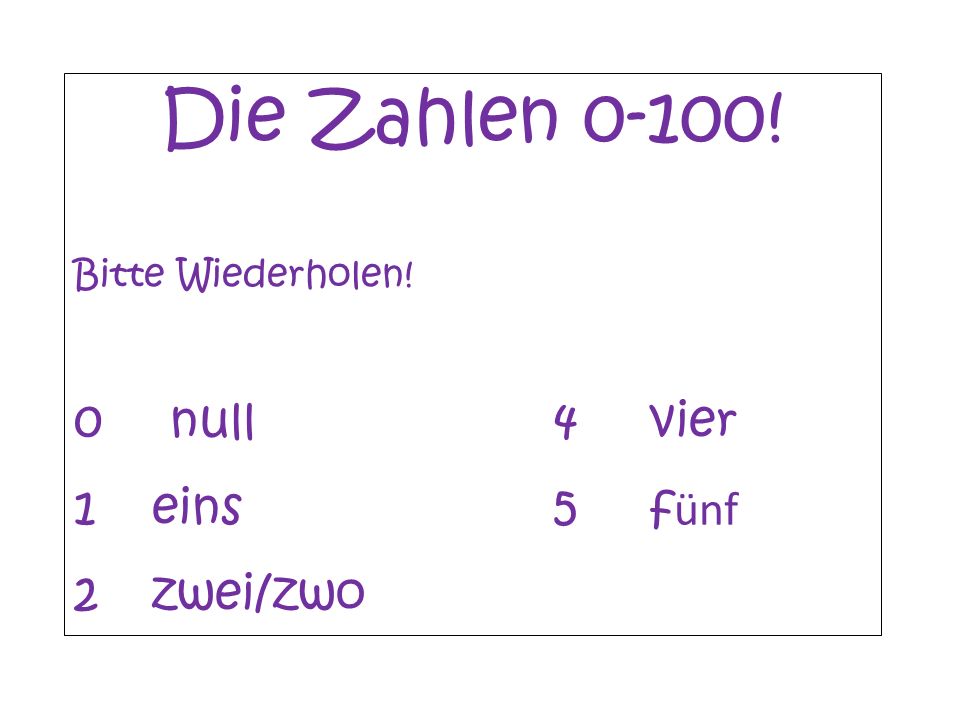 Die Zahlen 0-100! 0 null 4 vier eins 5 fünf zwei/zwo