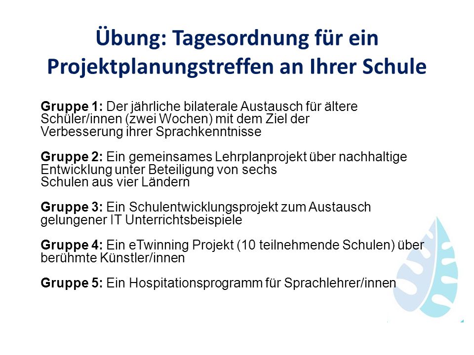 Übung: Tagesordnung für ein Projektplanungstreffen an Ihrer Schule