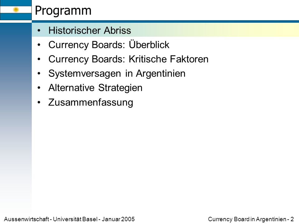Programm Historischer Abriss Currency Boards: Überblick