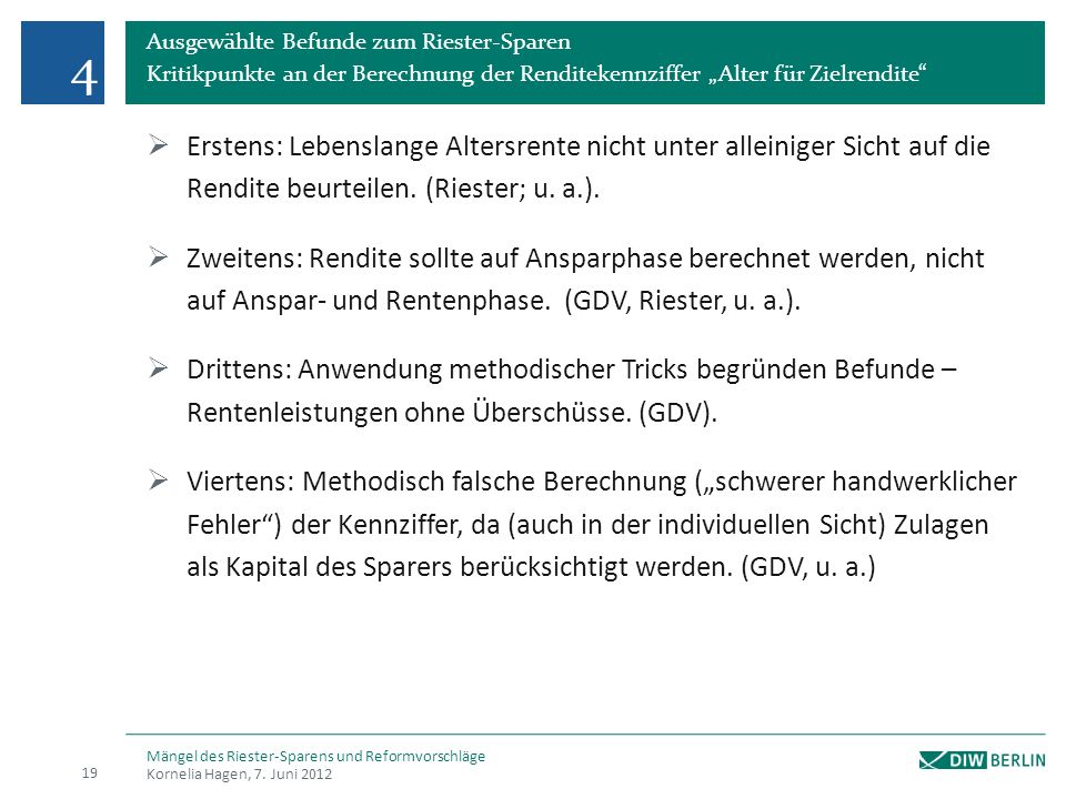 4 Ausgewählte Befunde zum Riester-Sparen. Kritikpunkte an der Berechnung der Renditekennziffer „Alter für Zielrendite