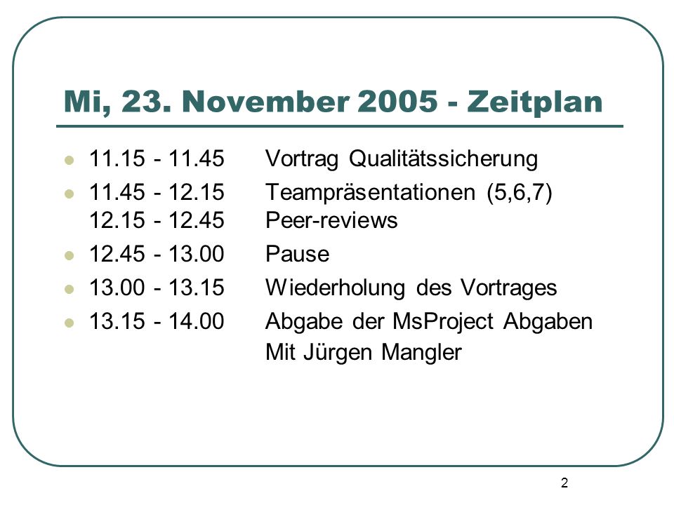 Mi, 23. November Zeitplan Vortrag Qualitätssicherung Teampräsentationen (5,6,7) Peer-reviews.